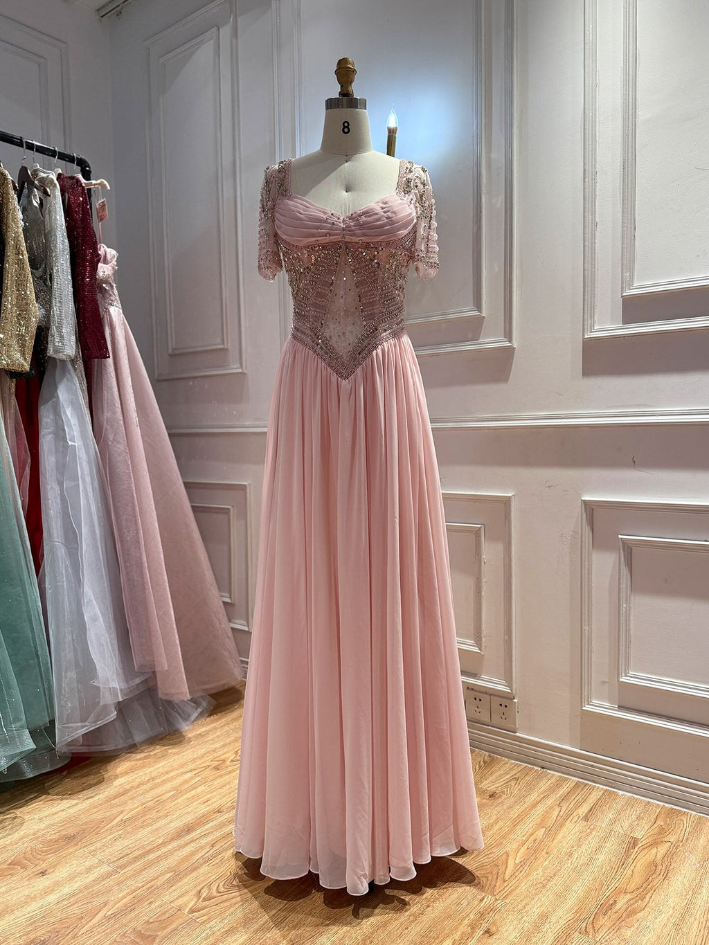Luxury Nude A Line Beaded Tulle Evening Dress LA73697
