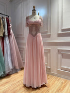 Luxury Nude A Line Beaded Tulle Evening Dress LA73697