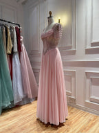 Luxury Nude A Line Beaded Tulle Evening Dress LA73697