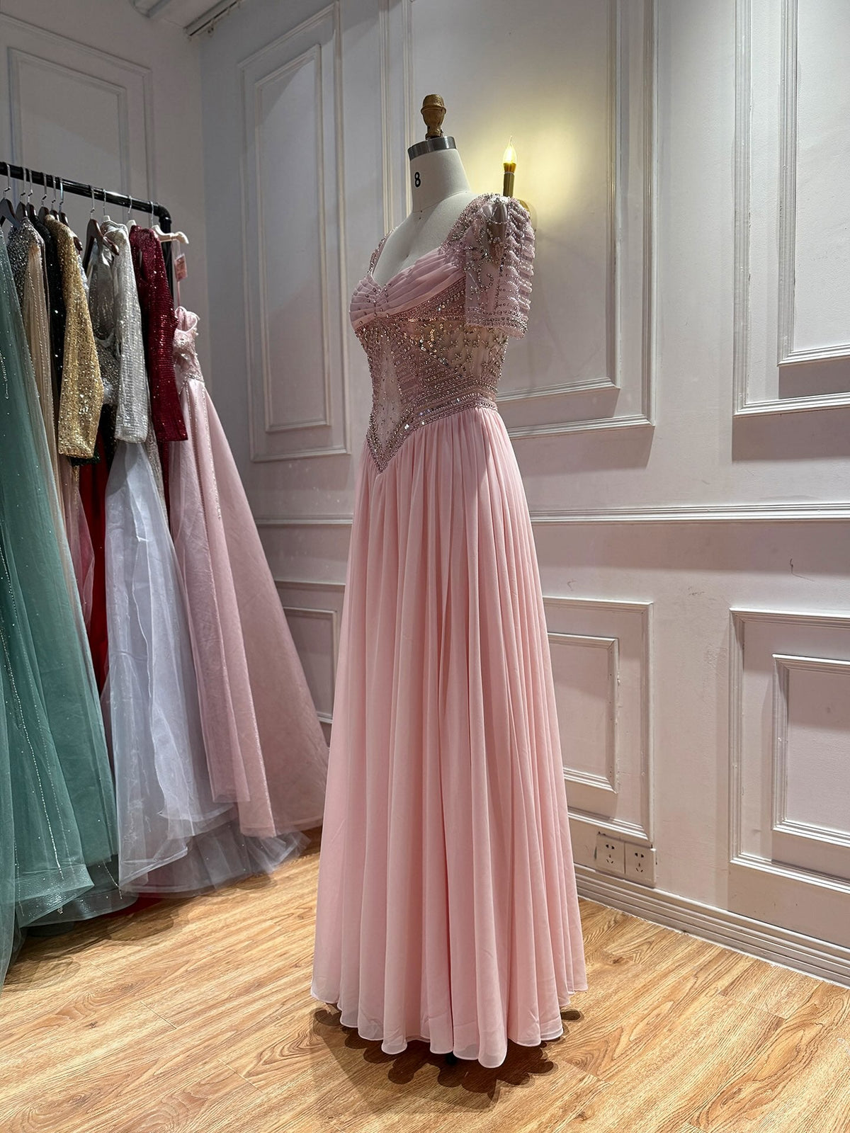 Luxury Nude A Line Beaded Tulle Evening Dress LA73697