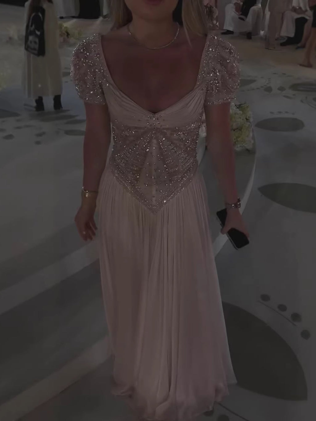 Luxury Nude A Line Beaded Tulle Evening Dress LA73697
