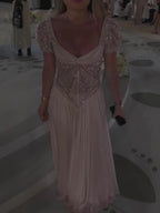 Luxury Nude A Line Beaded Tulle Evening Dress LA73697