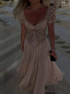 Luxury Nude A Line Beaded Tulle Evening Dress LA73697