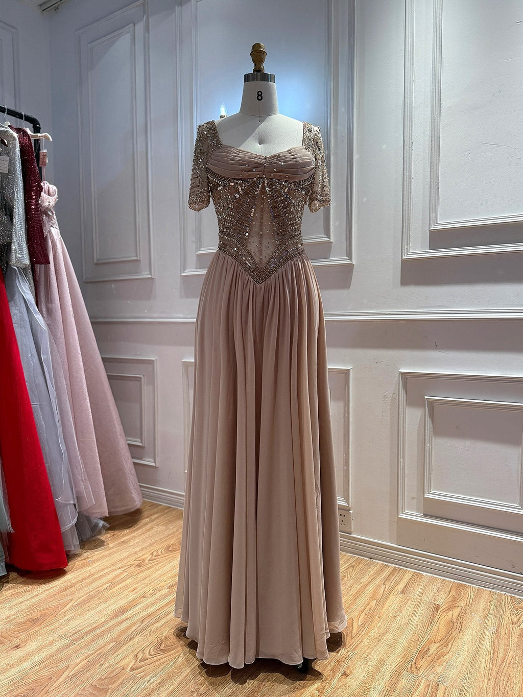 Luxury Nude A Line Beaded Tulle Evening Dress LA73697