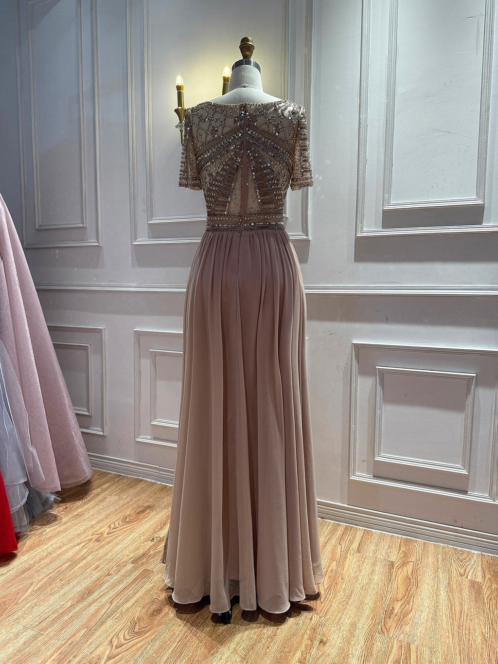 Luxury Nude A Line Beaded Tulle Evening Dress LA73697