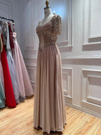 Luxury Nude A Line Beaded Tulle Evening Dress LA73697