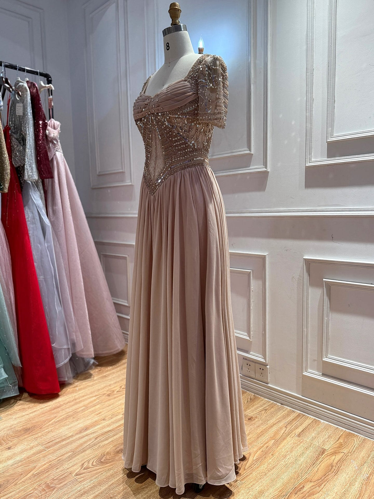 Luxury Nude A Line Beaded Tulle Evening Dress LA73697
