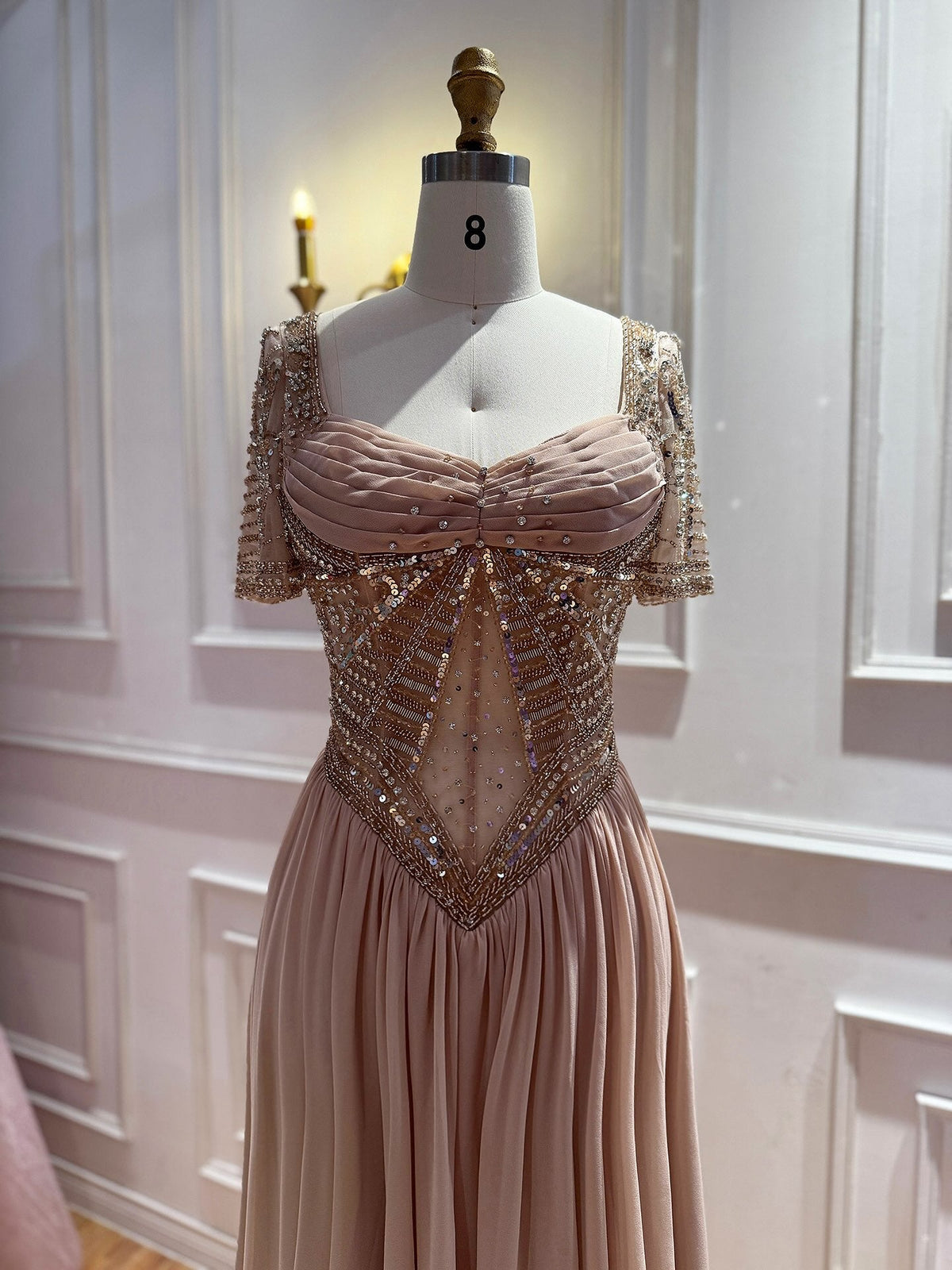Luxury Nude A Line Beaded Tulle Evening Dress LA73697