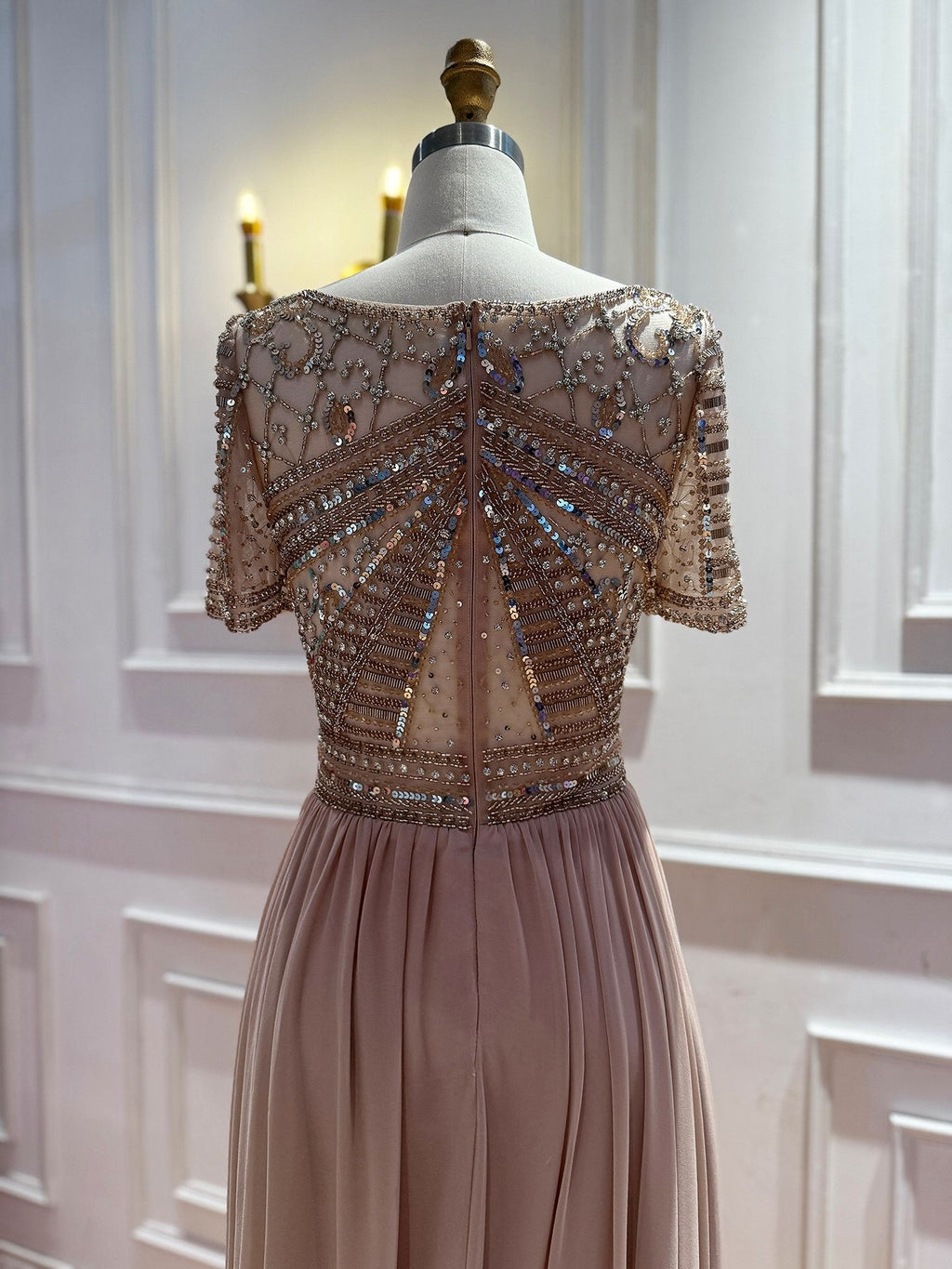 Luxury Nude A Line Beaded Tulle Evening Dress LA73697