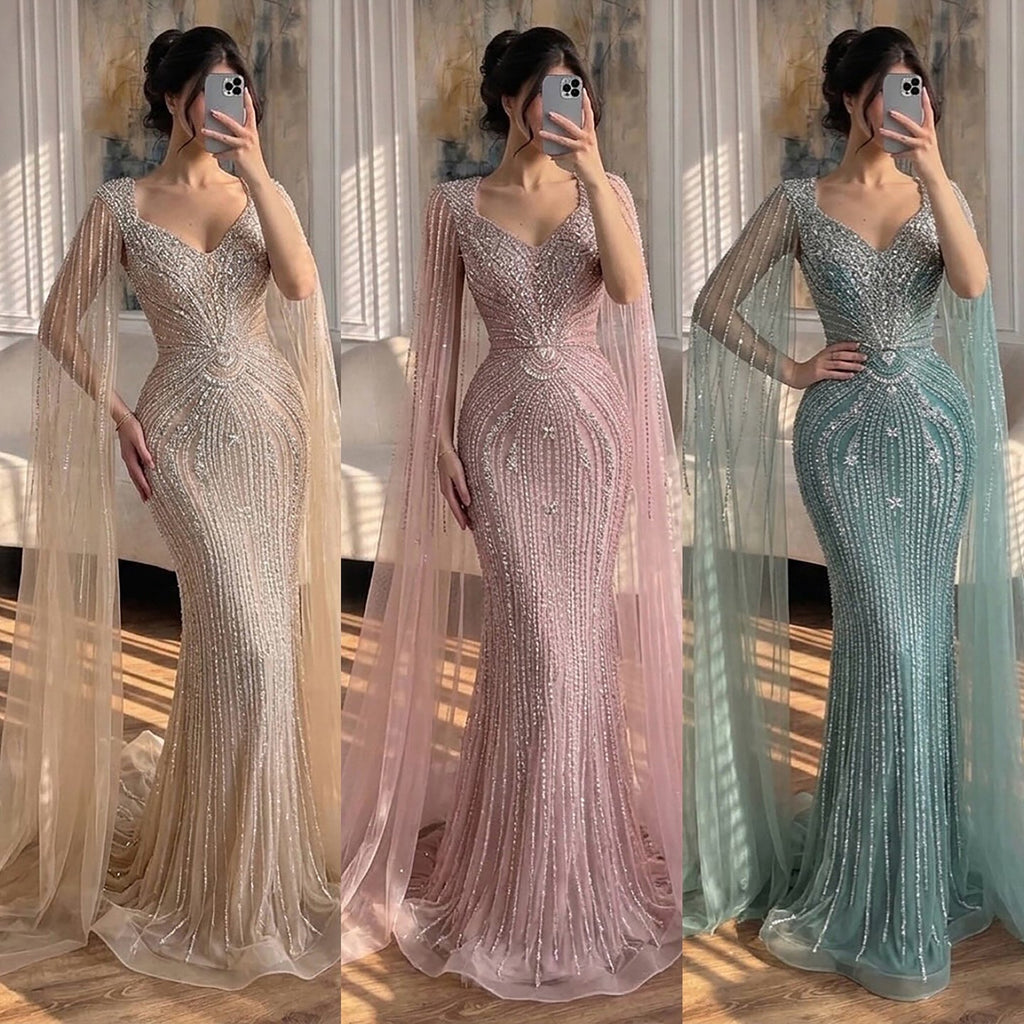 Luxury Nude Beaded Mermaid Evening Dress with Cape LA73741