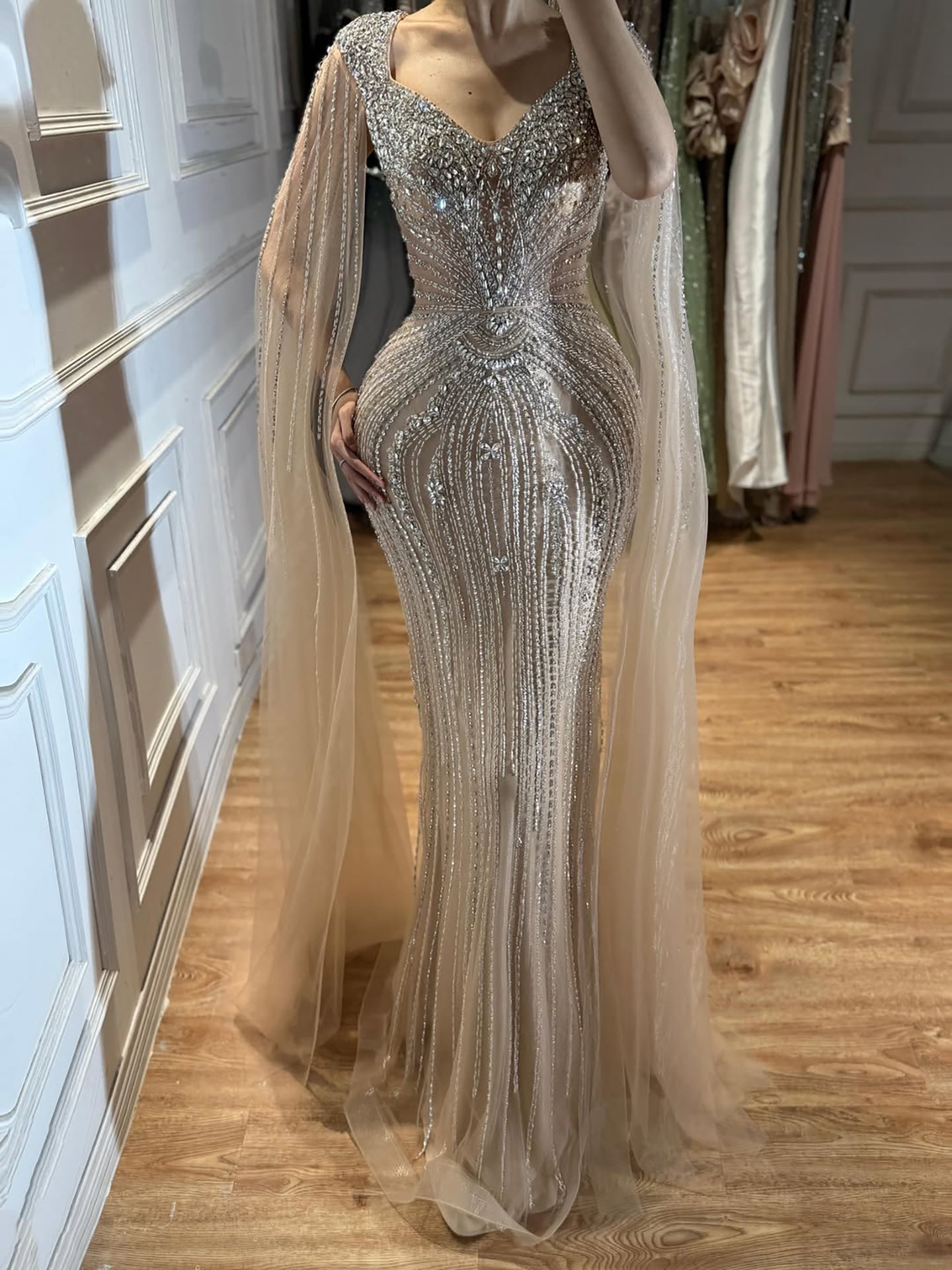 Luxury Nude Beaded Mermaid Evening Dress with Cape LA73741