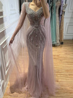 Luxury Nude Beaded Mermaid Evening Dress with Cape LA73741