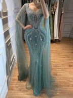 Luxury Nude Beaded Mermaid Evening Dress with Cape LA73741