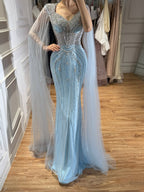 Luxury Nude Beaded Mermaid Evening Dress with Cape LA73741