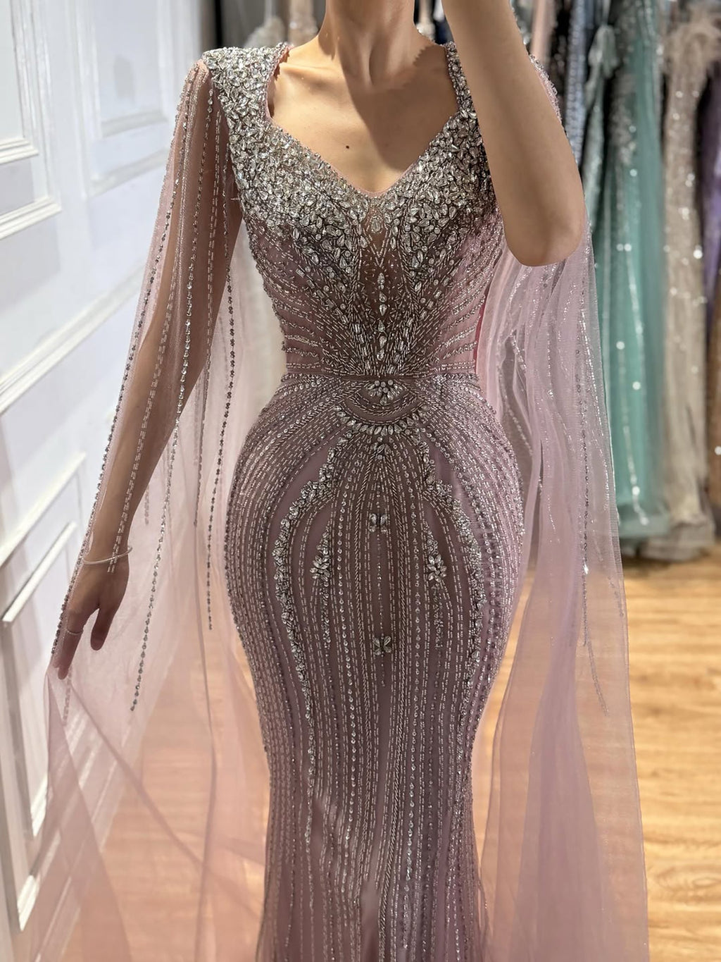 Luxury Nude Beaded Mermaid Evening Dress with Cape LA73741