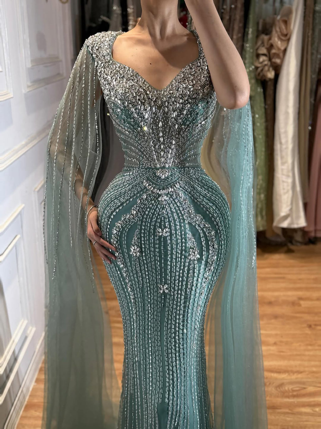 Luxury Nude Beaded Mermaid Evening Dress with Cape LA73741