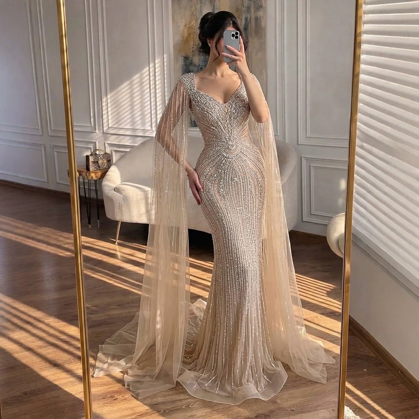 Luxury Nude Beaded Mermaid Evening Dress with Cape LA73741