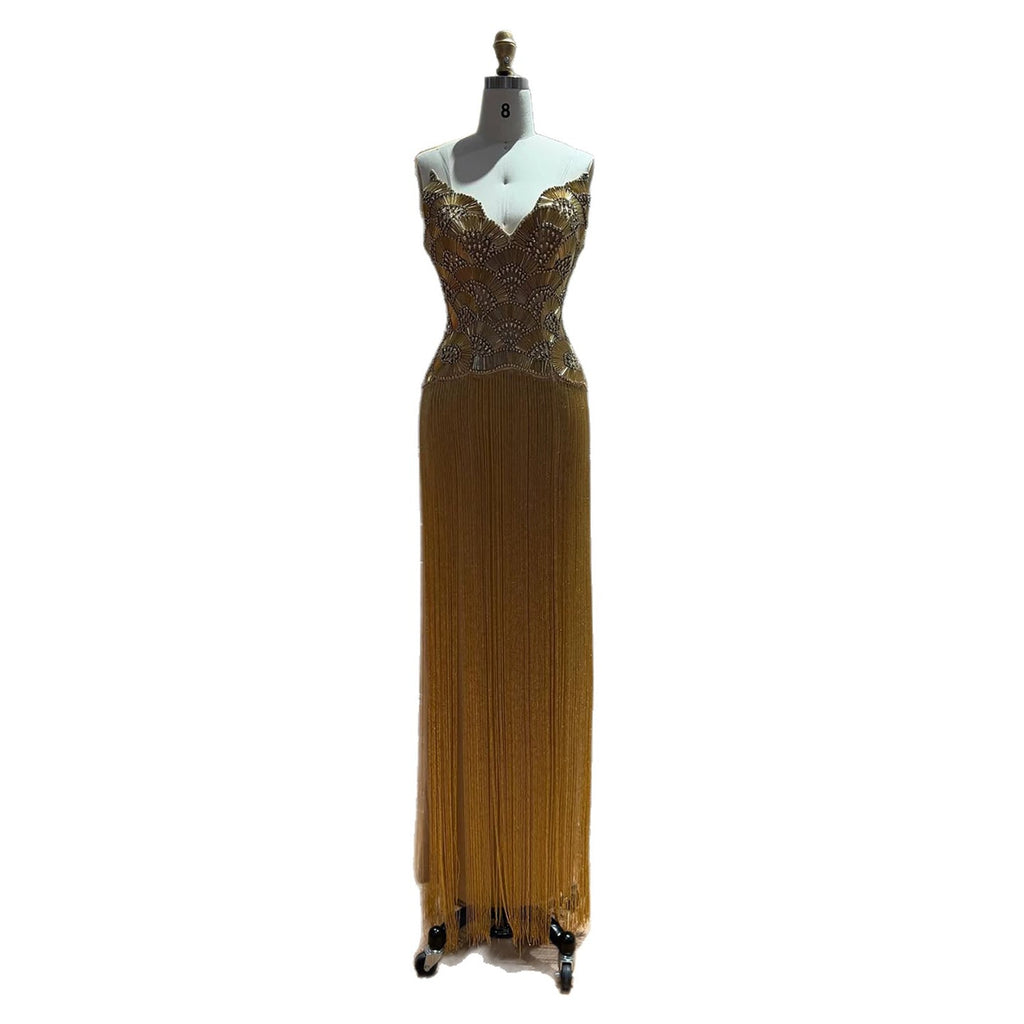 Luxury Hand Made Gold Scallop Tassel Evening Dress LA73748