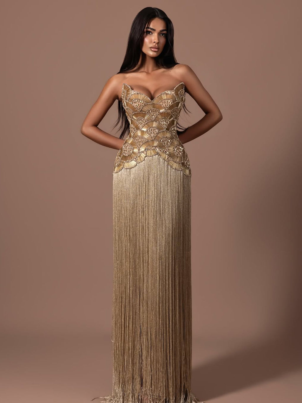 Luxury Hand Made Gold Scallop Tassel Evening Dress LA73748