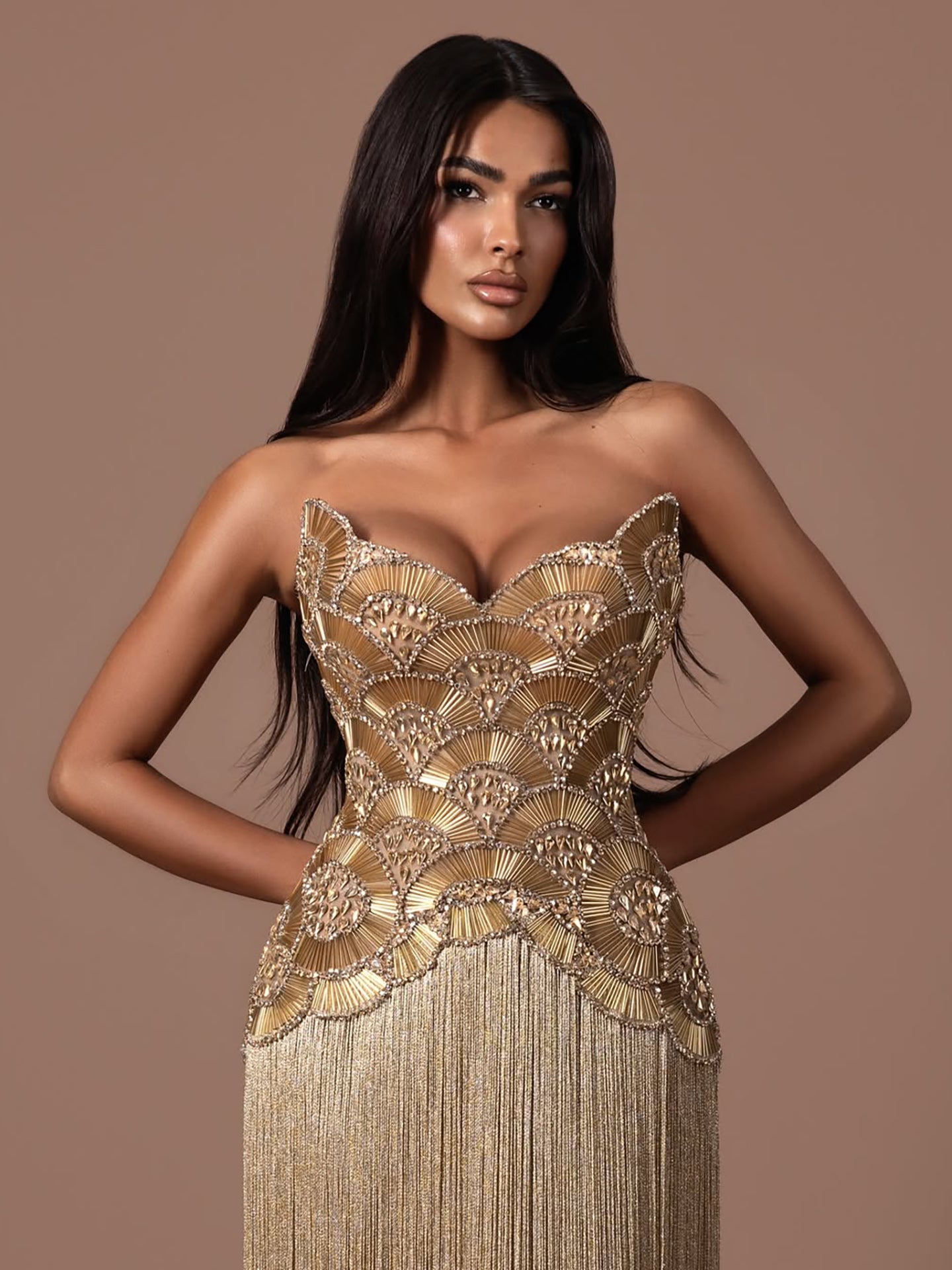 Luxury Hand Made Gold Scallop Tassel Evening Dress LA73748