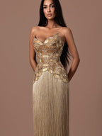 Luxury Hand Made Gold Scallop Tassel Evening Dress LA73748
