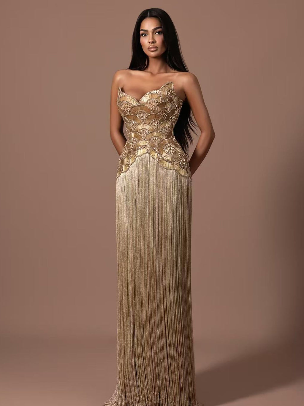 Luxury Hand Made Gold Scallop Tassel Evening Dress LA73748