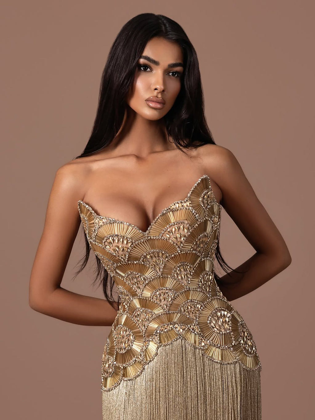 Luxury Hand Made Gold Scallop Tassel Evening Dress LA73748