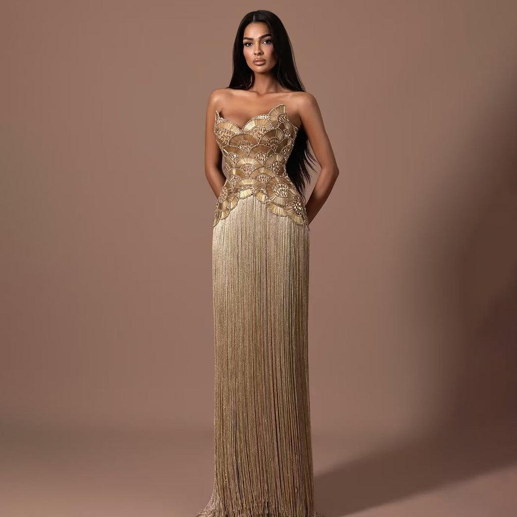 Luxury Hand Made Gold Scallop Tassel Evening Dress LA73748