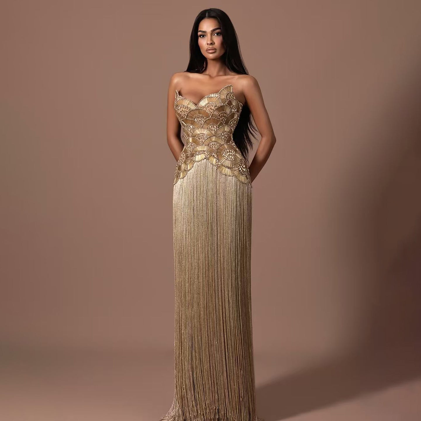Luxury Hand Made Gold Scallop Tassel Evening Dress LA73748