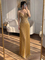 Luxury Hand Made Gold Scallop Tassel Evening Dress LA73748