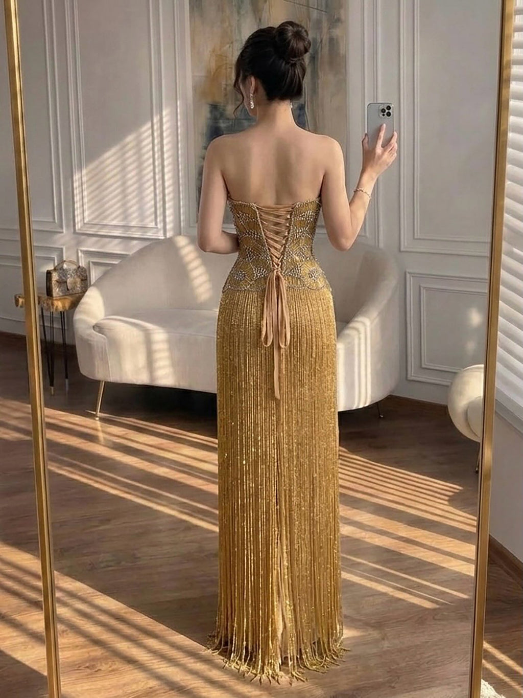 Luxury Hand Made Gold Scallop Tassel Evening Dress LA73748