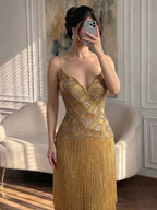 Luxury Hand Made Gold Scallop Tassel Evening Dress LA73748