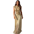 Luxury Gold Crystal Beaded Tassel High Neck Evening Dress LA73748A