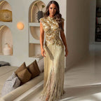 Luxury Gold Crystal Beaded Tassel High Neck Evening Dress LA73748A