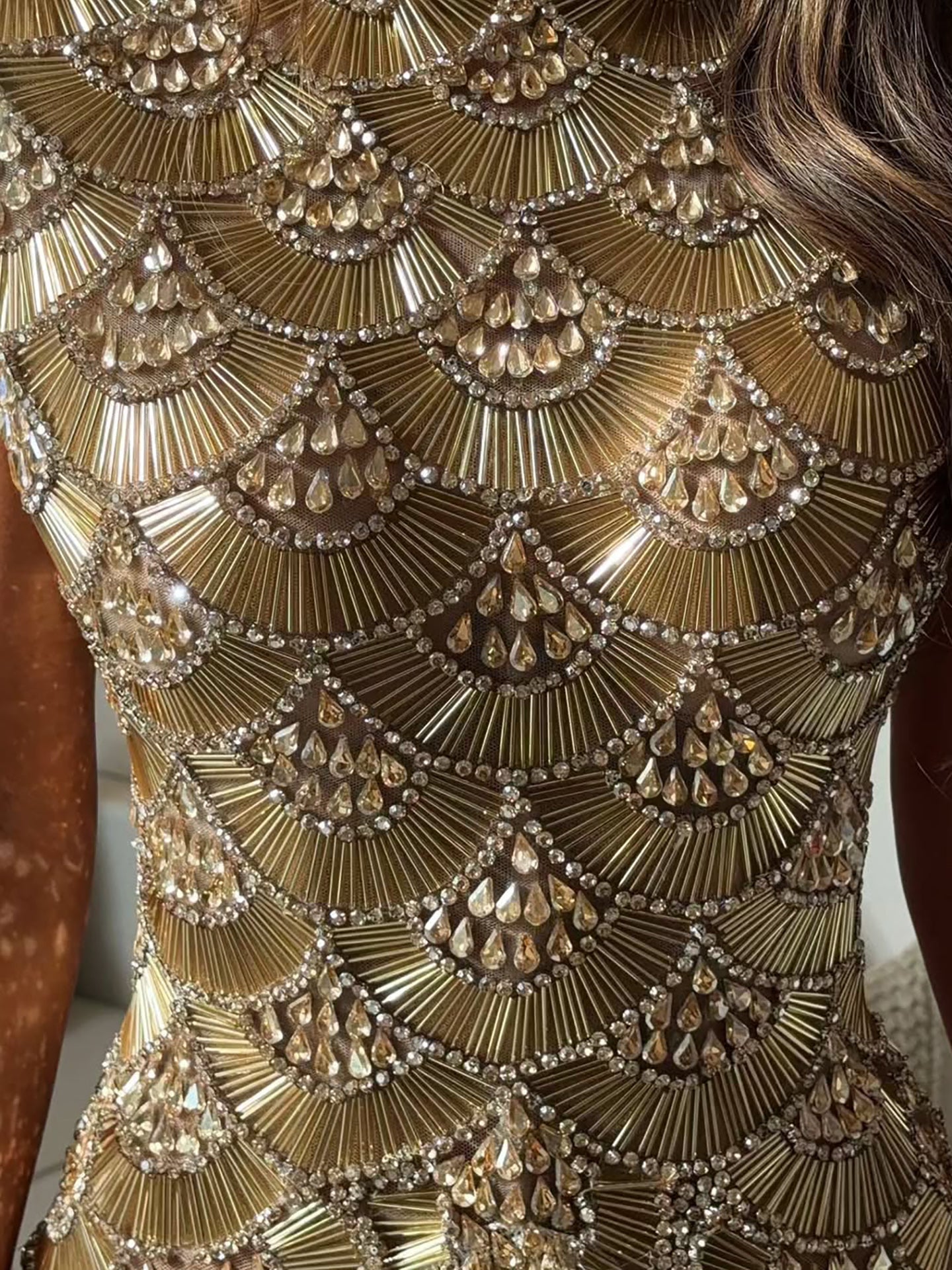 Luxury Gold Crystal Beaded Tassel High Neck Evening Dress LA73748A