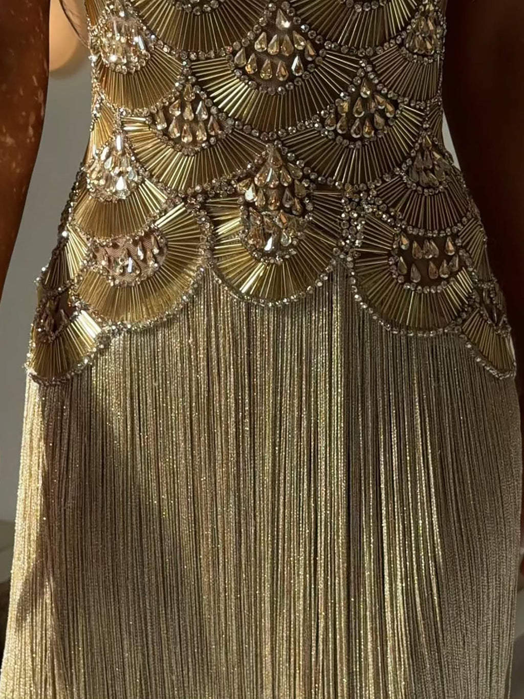 Luxury Gold Crystal Beaded Tassel High Neck Evening Dress LA73748A