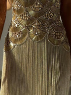 Luxury Gold Crystal Beaded Tassel High Neck Evening Dress LA73748A