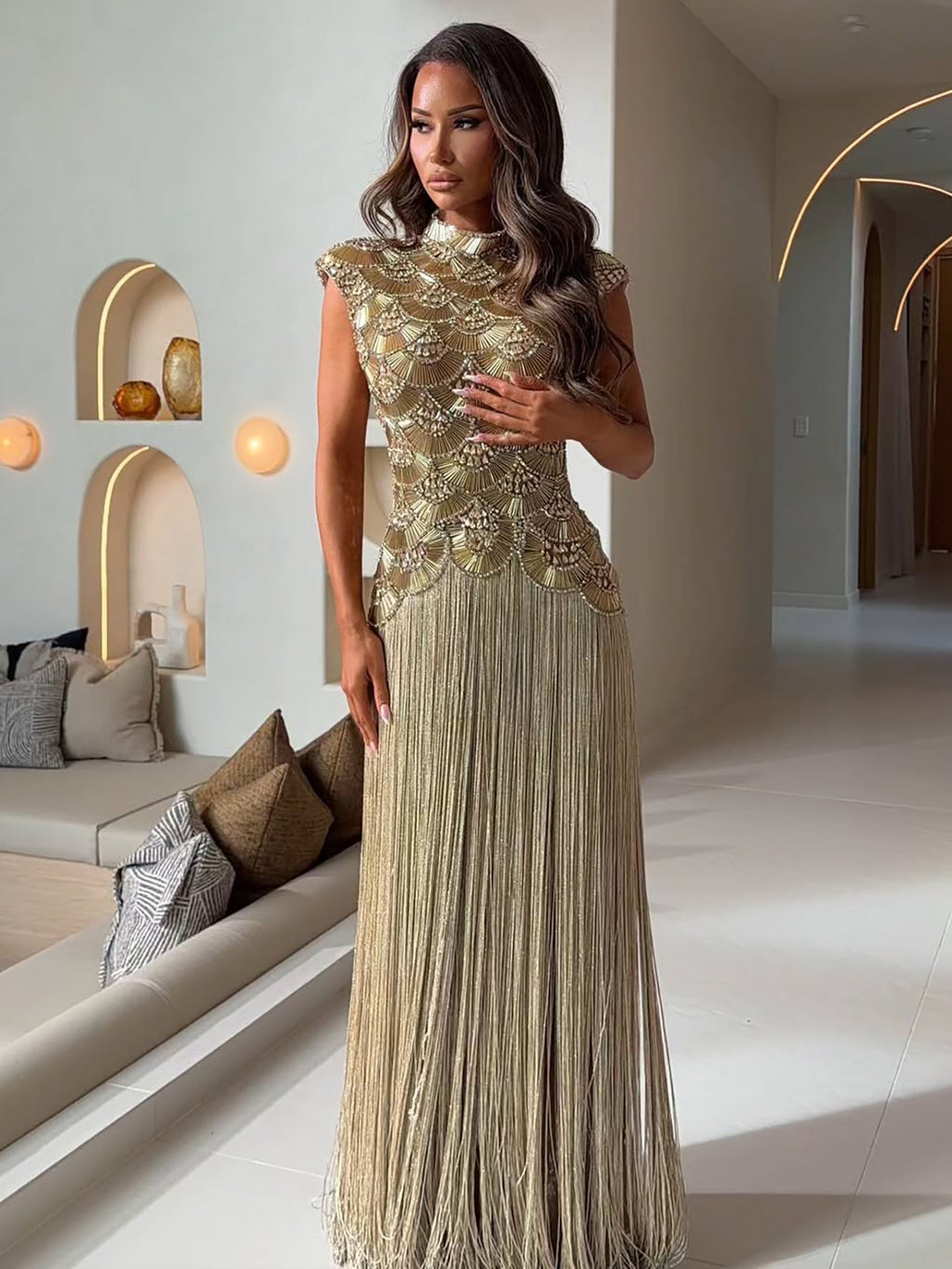Luxury Gold Crystal Beaded Tassel High Neck Evening Dress LA73748A