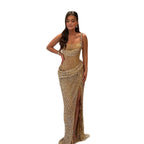 Luxury Gold Crystal Beaded Lace Mermaid Slit Dress LA73749
