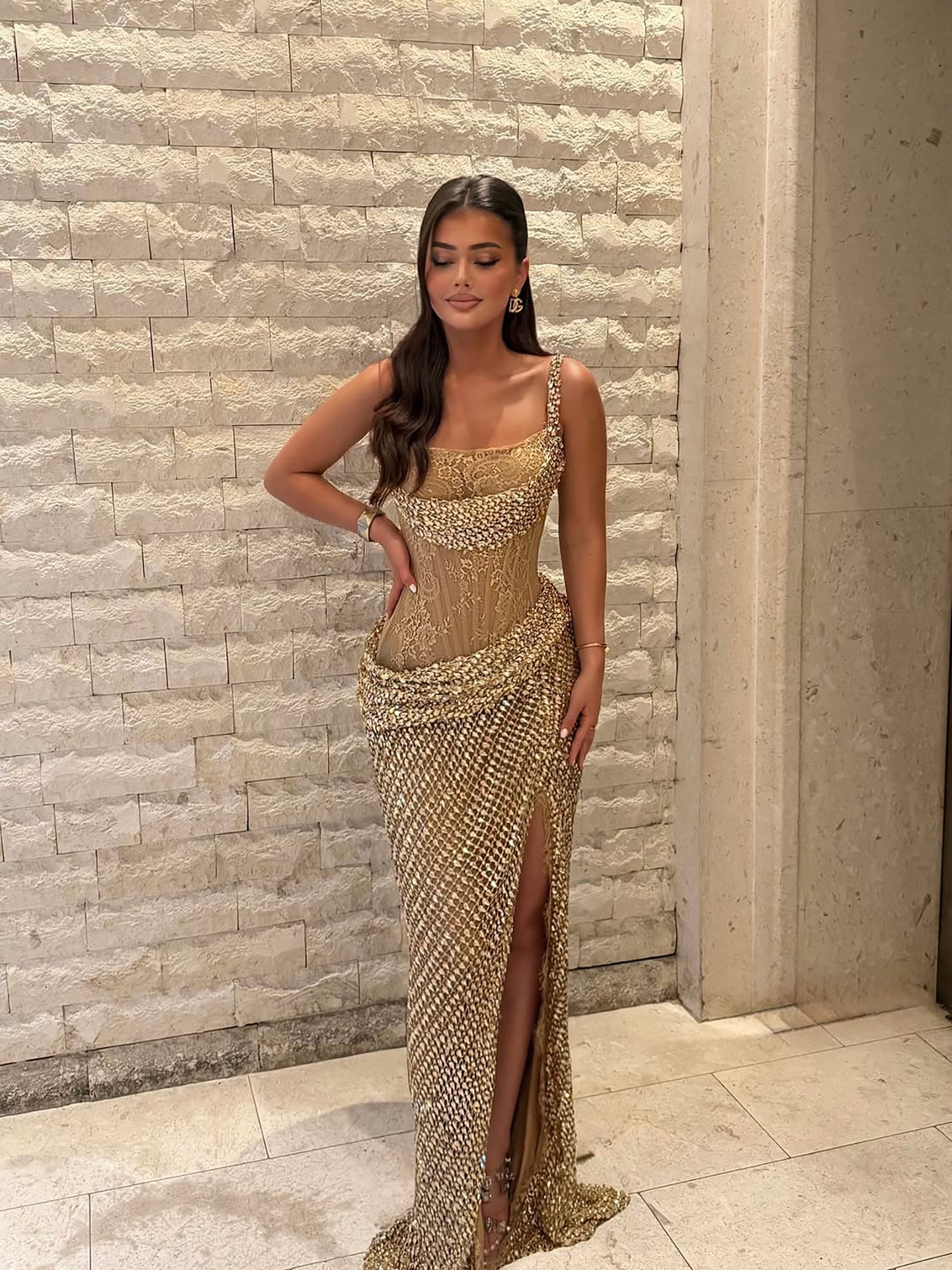 Luxury Gold Crystal Beaded Lace Mermaid Slit Dress LA73749