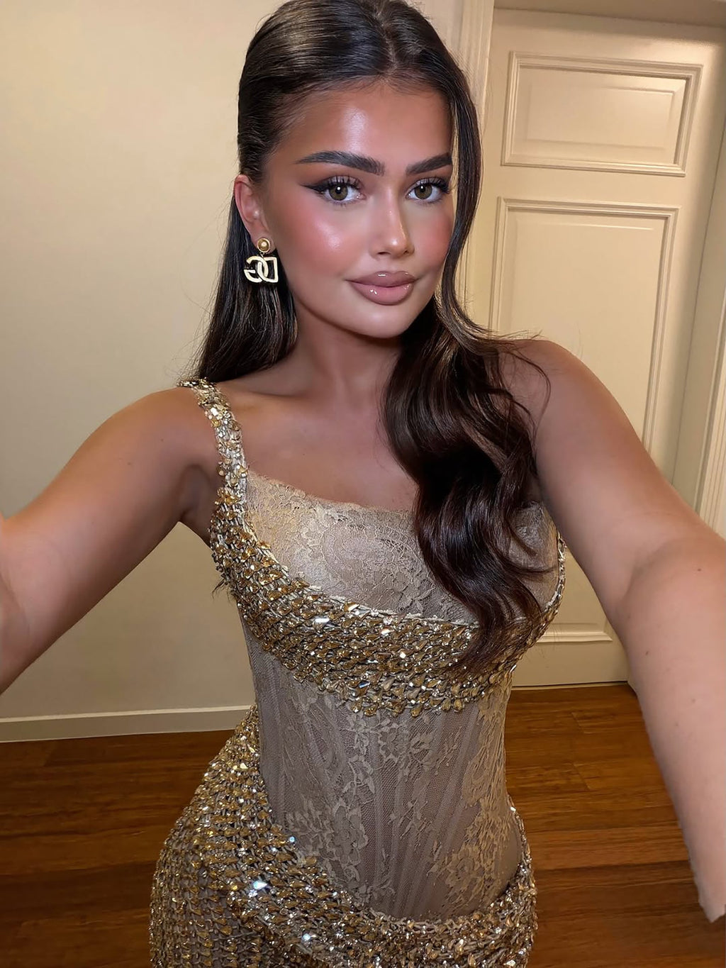 Luxury Gold Crystal Beaded Lace Mermaid Slit Dress LA73749
