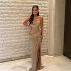 Luxury Gold Crystal Beaded Lace Mermaid Slit Dress LA73749