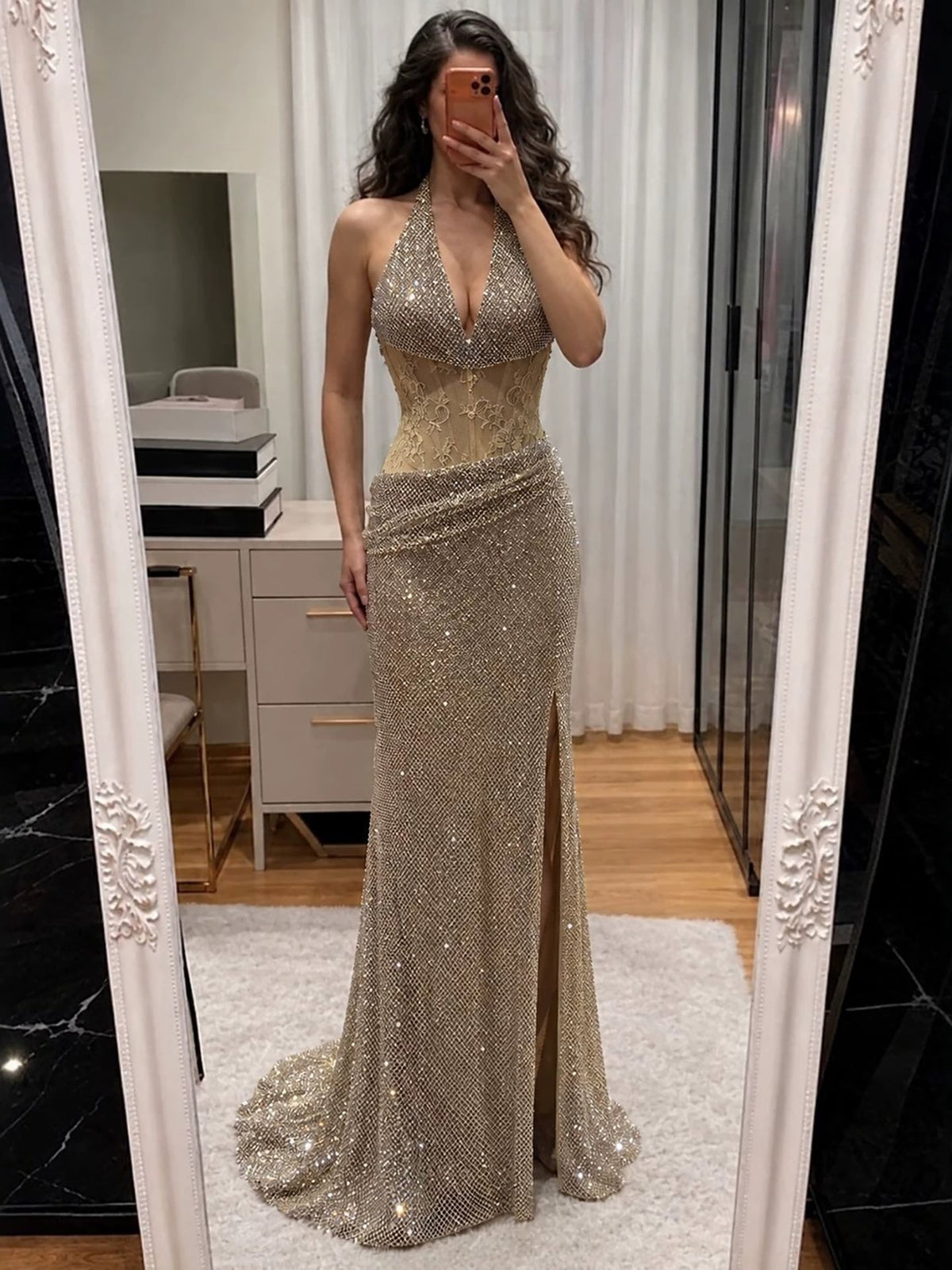 Gold Crystal Beaded Halter High Slit Mermaid Evening Dress LA73749A