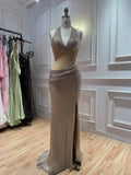 Gold Crystal Beaded Halter High Slit Mermaid Evening Dress LA73749A