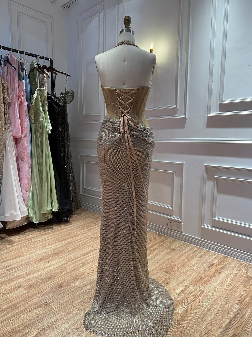 Gold Crystal Beaded Halter High Slit Mermaid Evening Dress LA73749A