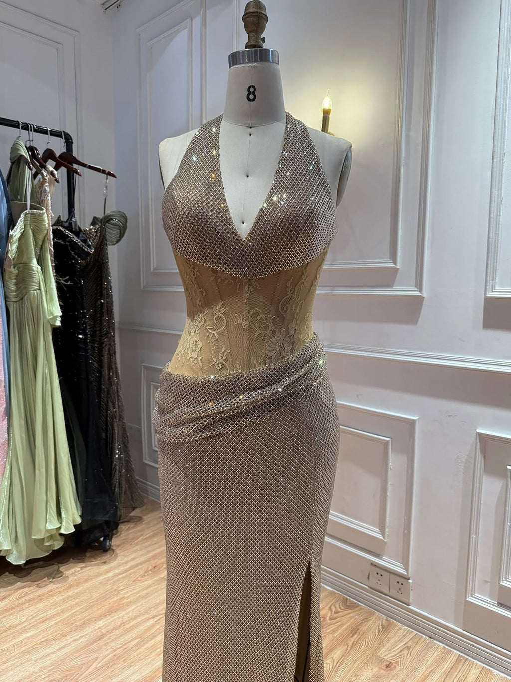 Gold Crystal Beaded Halter High Slit Mermaid Evening Dress LA73749A