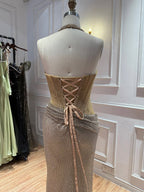 Gold Crystal Beaded Halter High Slit Mermaid Evening Dress LA73749A