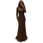 Brown High Neck Long Sleeve Beaded Lace Mermaid Evening Dress LA73757A