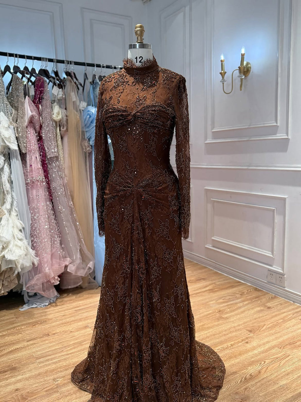 Brown High Neck Long Sleeve Beaded Lace Mermaid Evening Dress LA73757A