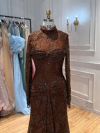 Brown High Neck Long Sleeve Beaded Lace Mermaid Evening Dress LA73757A